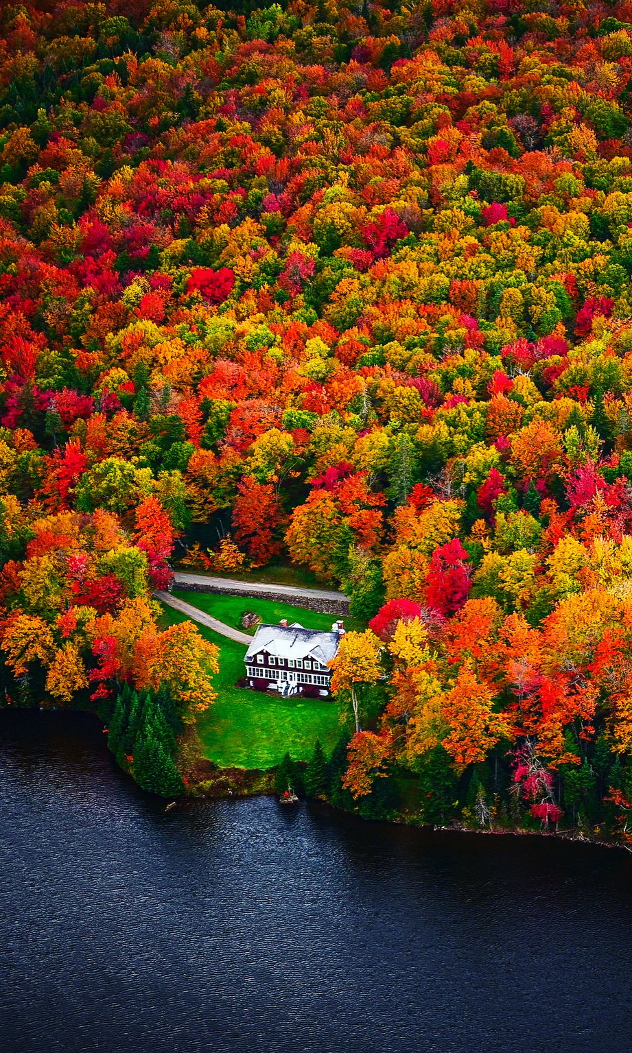 Aerial view of a lake house tucked into brilliant fall foliage on the water's edge