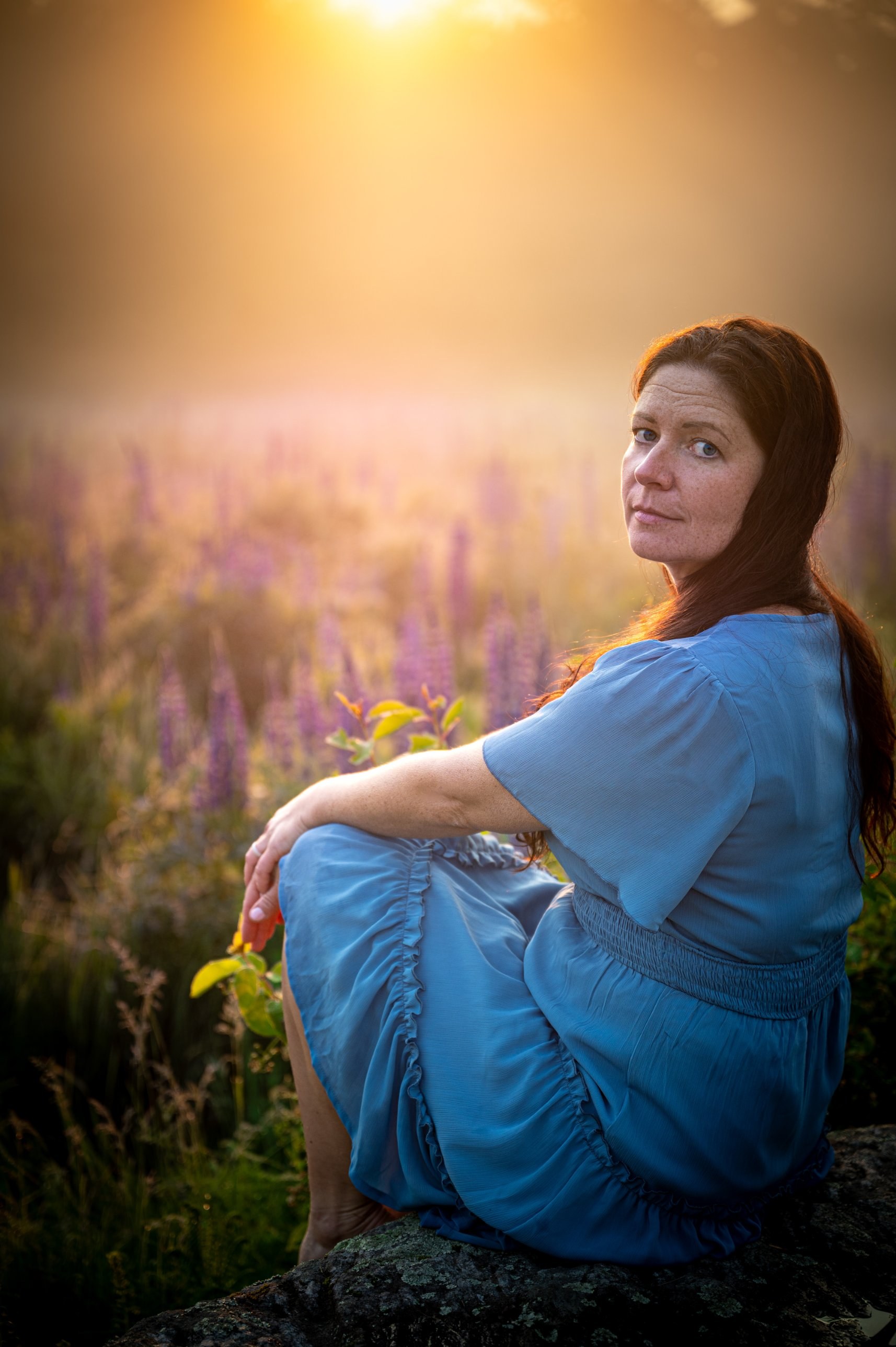 Woman in a blue dress seated on a rock in a field of purple wildflowers, lit by golden backlight