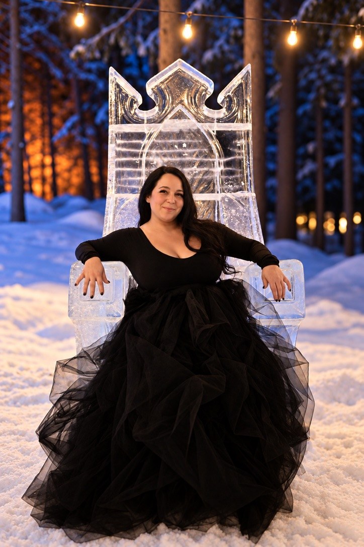 Woman in a black tulle gown seated on a carved ice throne in a snowy forest at dusk