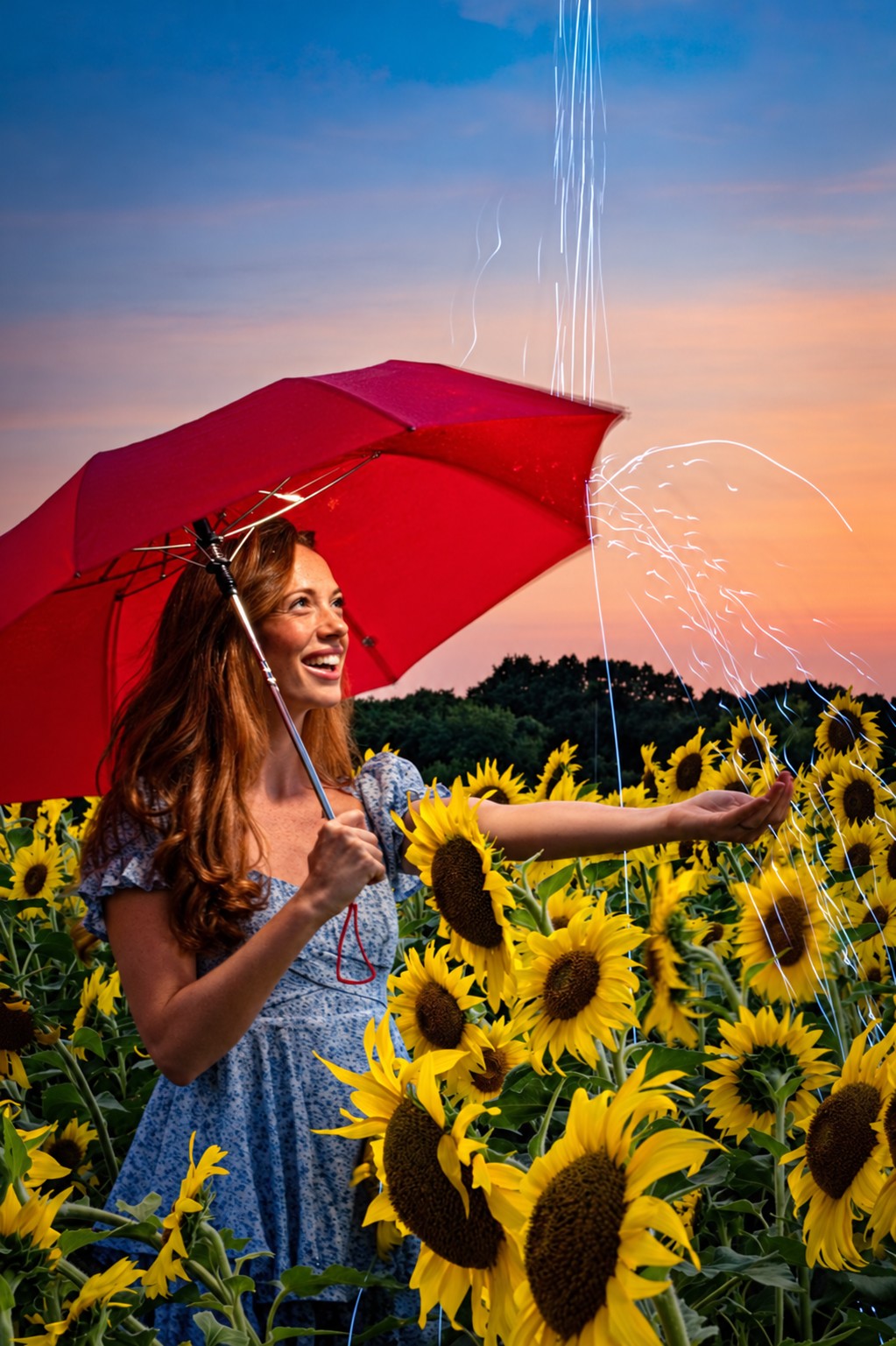 Woman with a red umbrella smiling in a sunflower field at sunset, with light trails of falling sparks