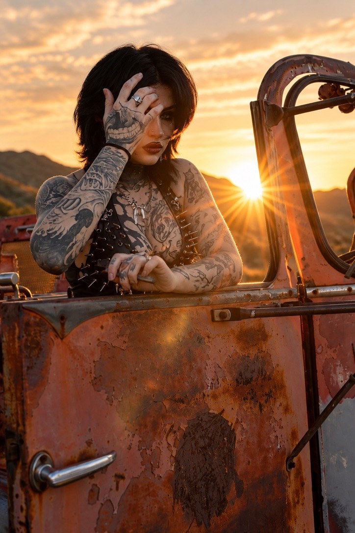 Tattooed woman in a spiked choker, shielding her face with a tattooed hand at sunset beside a rusted truck
