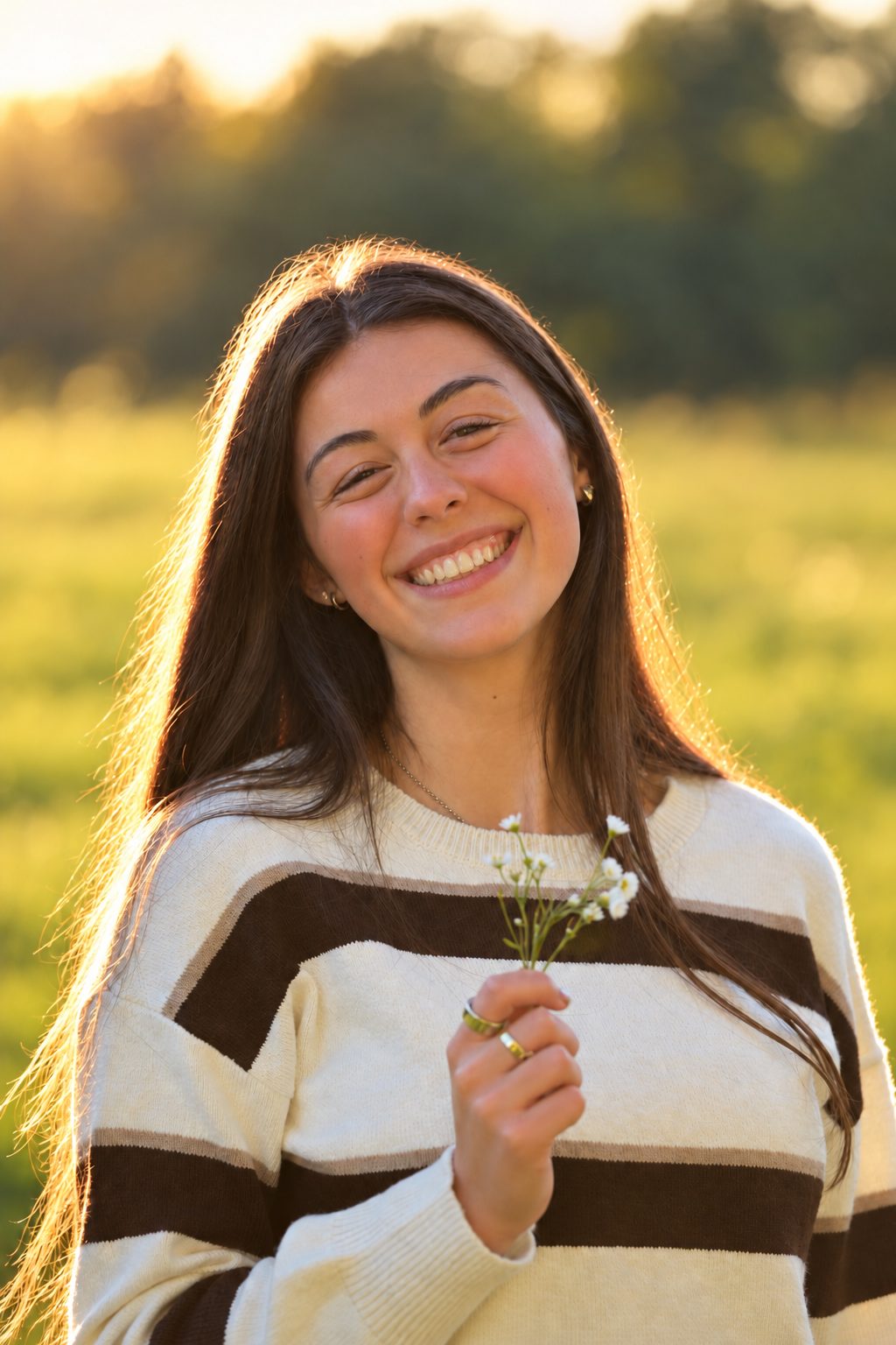 Young woman smiling and holding small white flowers
