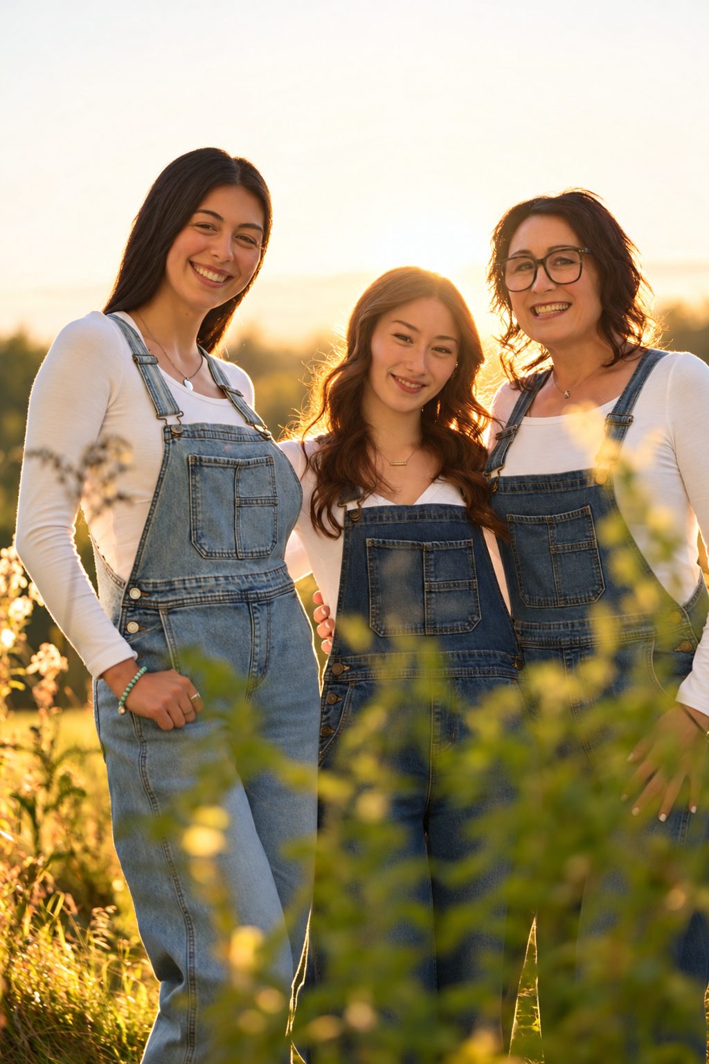 Three women in denim overalls standing together at sunset