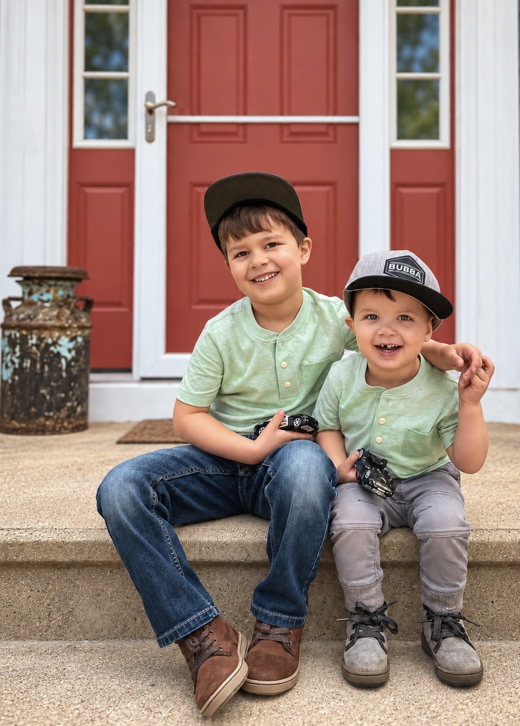 Two brothers sitting together on a porch step holding toy cars