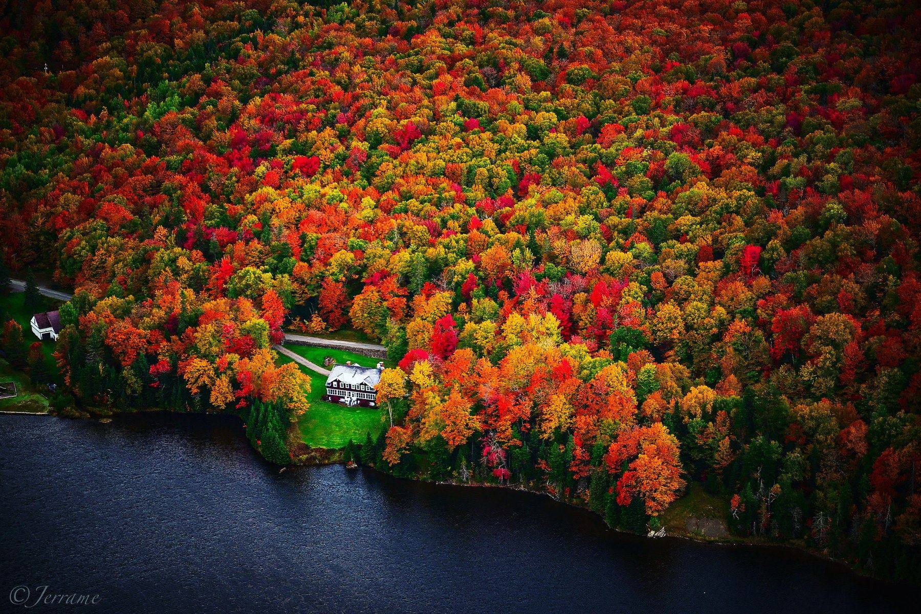Aerial view of Smugglers Notch, Vermont, surrounded by brilliant fall foliage