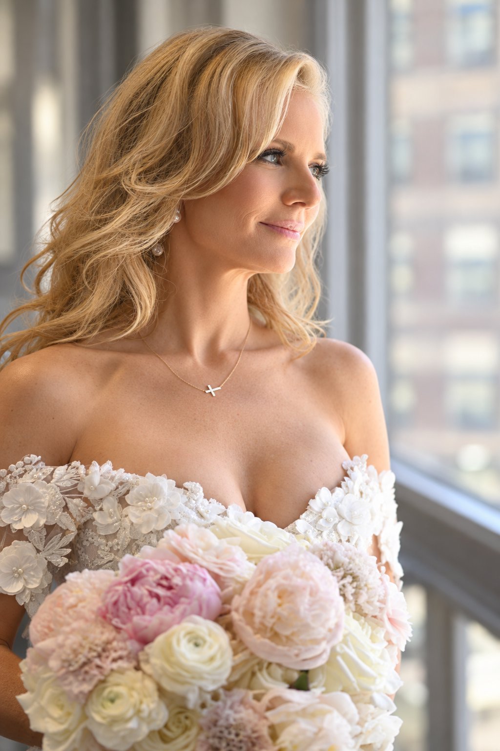 Bride in a floral lace gown holding her bouquet, looking out a window before the ceremony