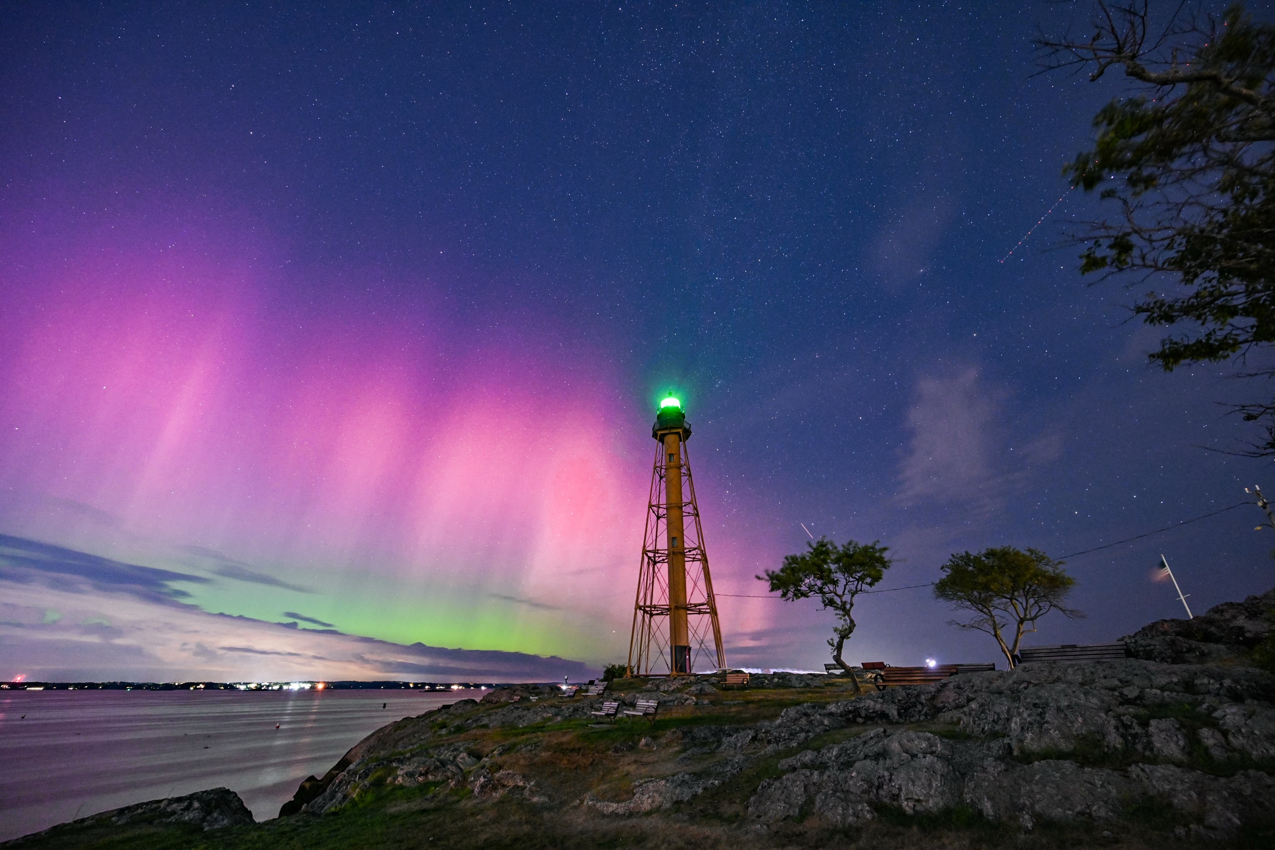 Aurora in pink and green over Marblehead Light, Massachusetts