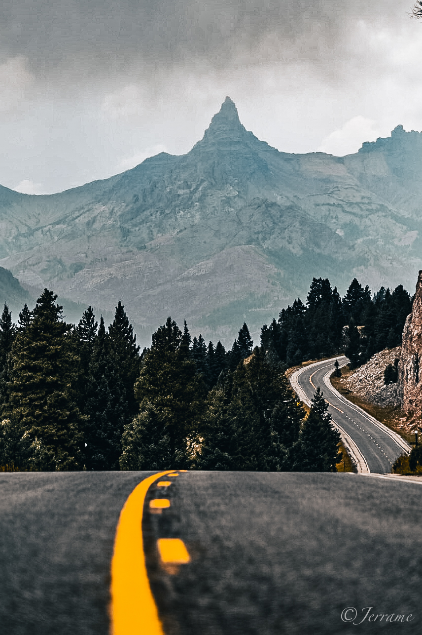 A winding road through Shoshone National Forest, Wyoming, leading toward a jagged peak